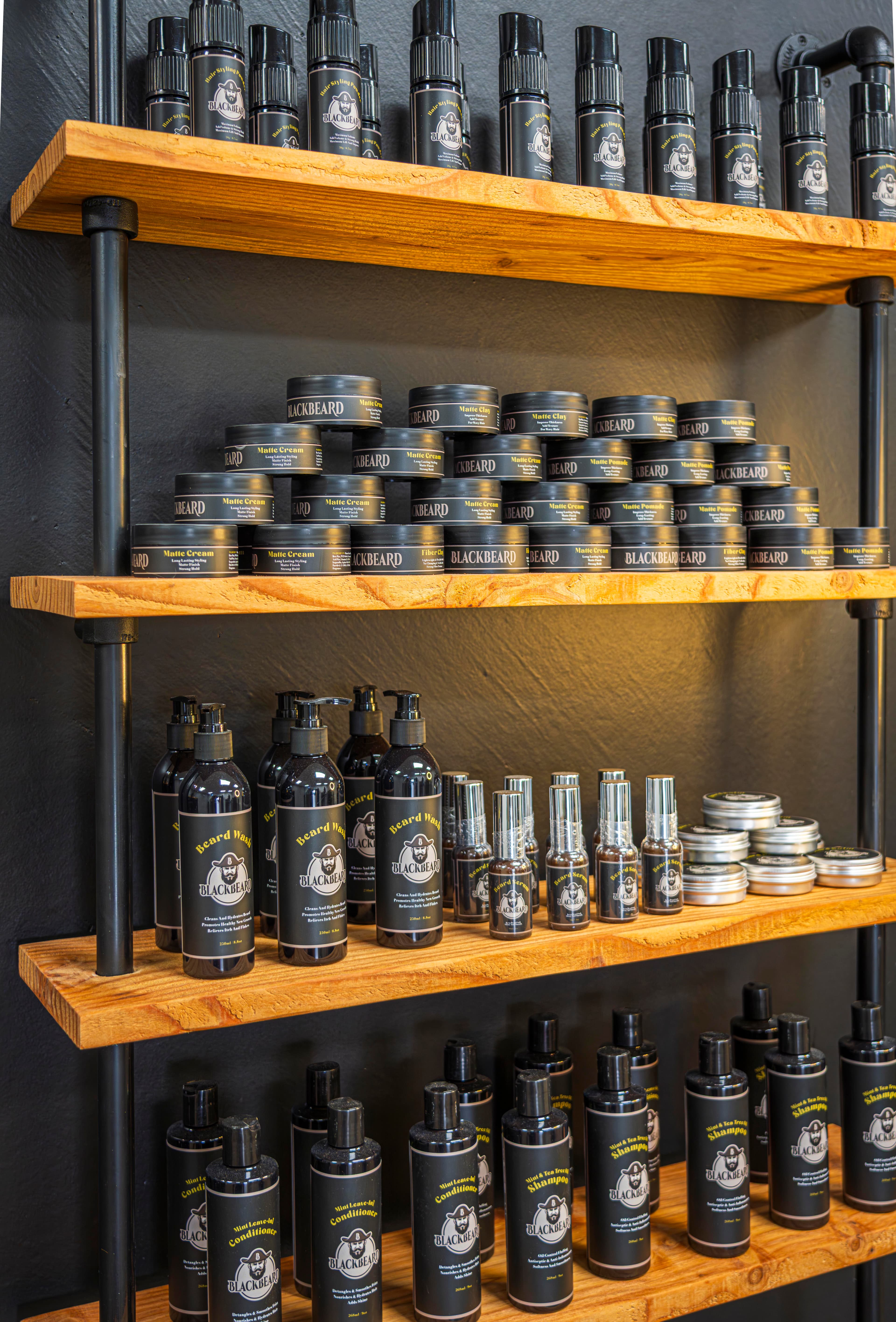 Blackbeard grooming products displayed on locally made timber shelves